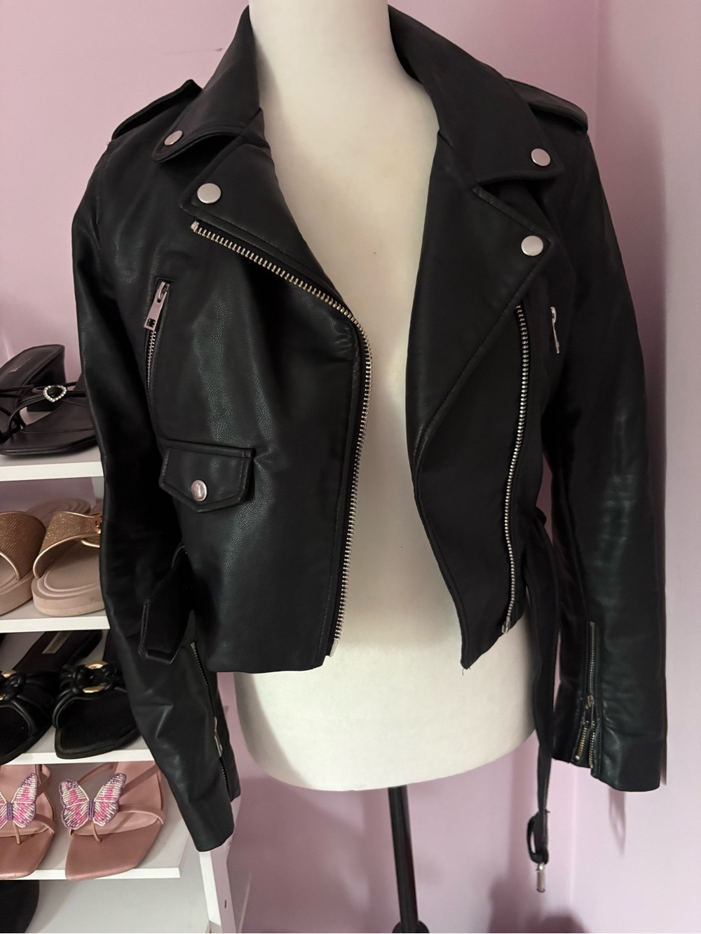 🖤ClassicBlack Faux Leather Moto Jacket - Women